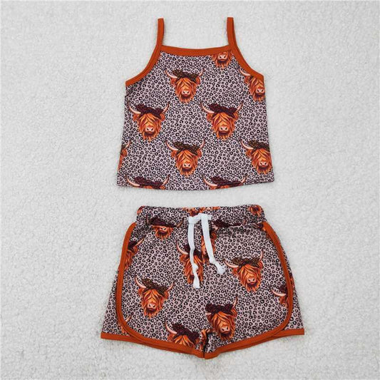 4.8  GSSO2341 Alpine bull head leopard print brown suspender shorts set