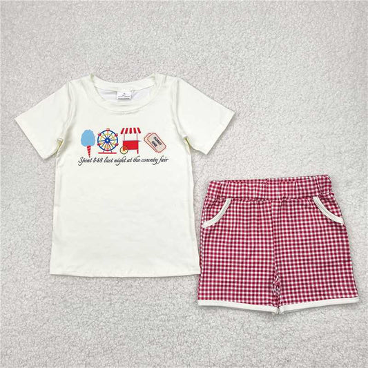 4.16 BSSO1468 Ferris wheel lettering beige short sleeve red plaid shorts suit
