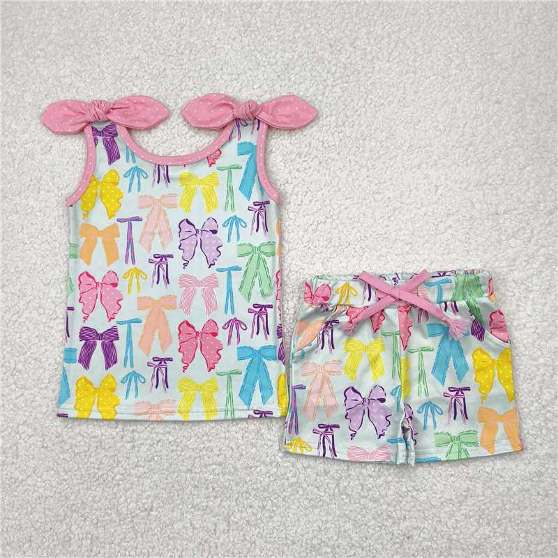 4.16  GSSO2188 Light green sleeveless shorts set with colorful bow pattern