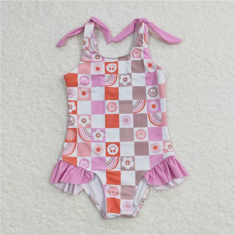 vS0150 Smiley flower rainbow pink and white plaid one-piece swimsuit