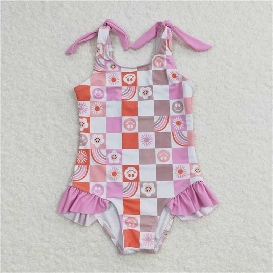 vS0150 Smiley flower rainbow pink and white plaid one-piece swimsuit