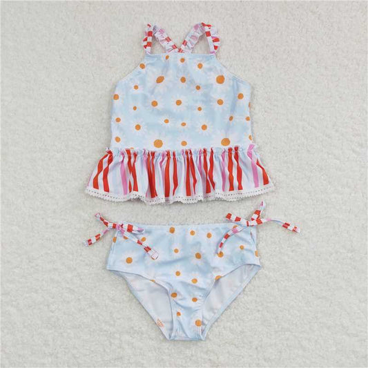 S0157 Small daisy flower red stripe light blue swimsuit suit