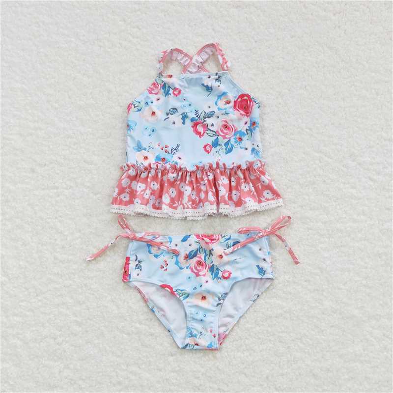 S0159 Floral pink lace light blue swimsuit set