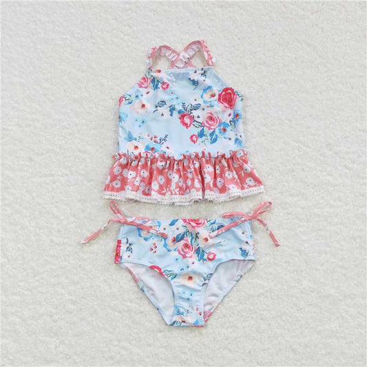 S0159 Floral pink lace light blue swimsuit set