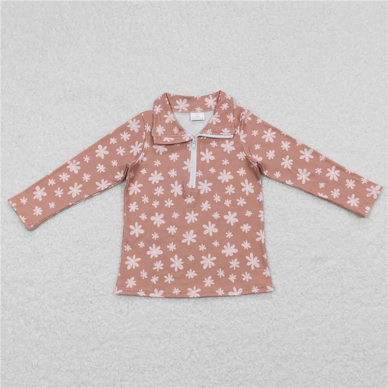 GT0363 Pink flower light brown zipper long-sleeved top