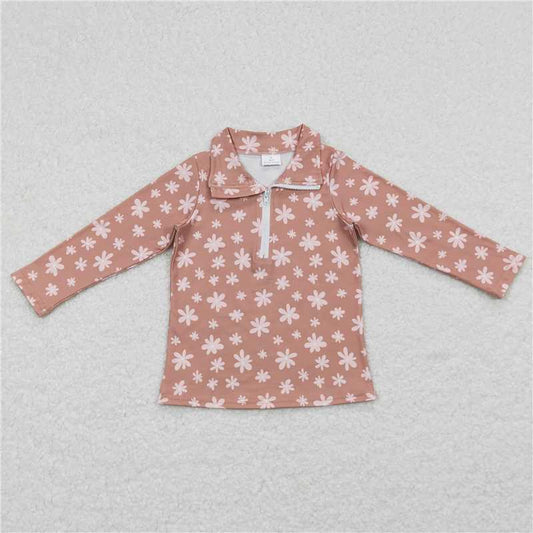 GT0363 Pink flower light brown zipper long-sleeved top