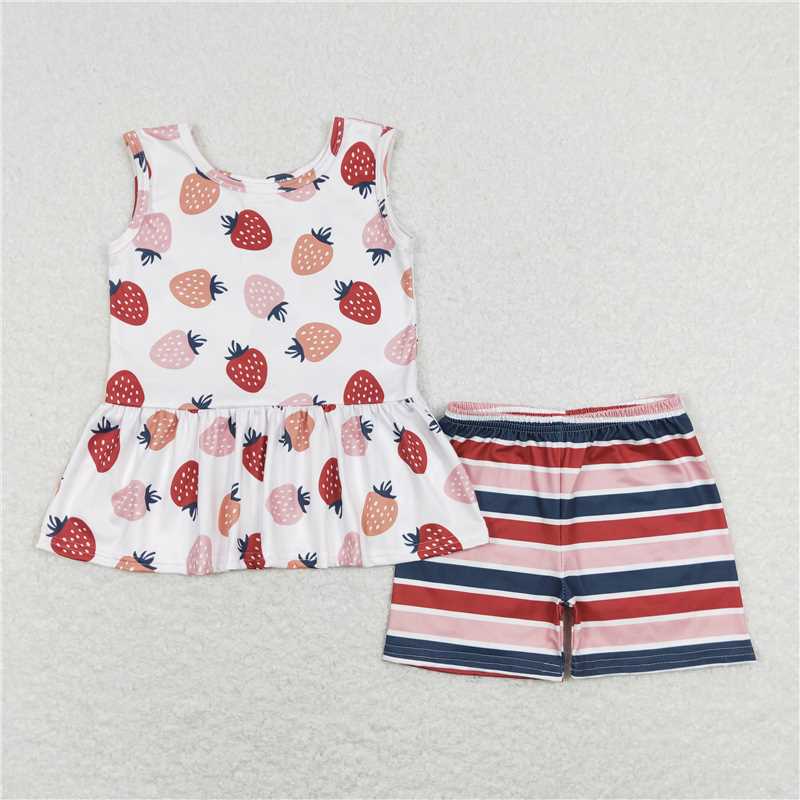 GSSO0505 Strawberry Beige Sleeveless Striped Shorts Set