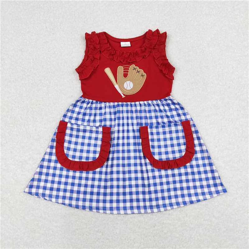 GSD0566 Embroidered baseball glove blue white plaid red sleeveless dress