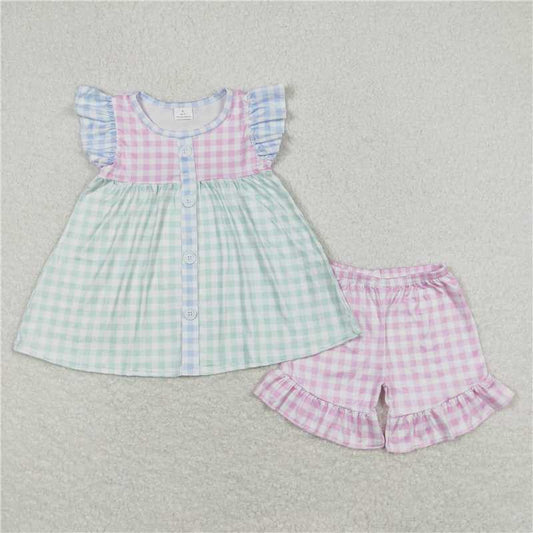 GSSO0744 Pink and green plaid flying sleeve shorts suit