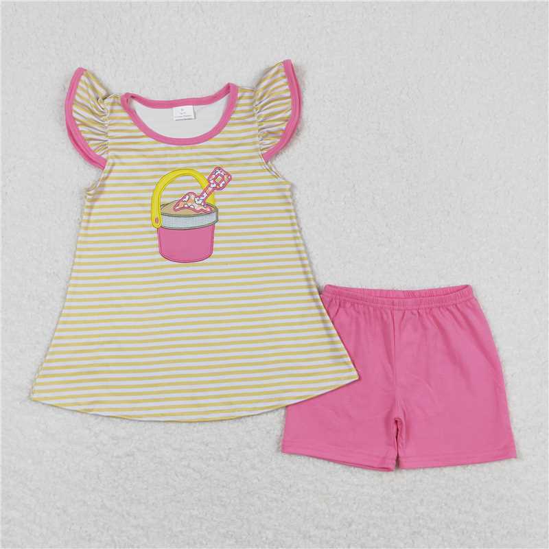 GSSO0600 Embroidery beach bucket shovel yellow striped flying sleeve pink shorts suit