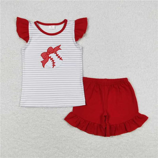 GSSO0605 Embroidered baseball striped flying sleeve red shorts suit