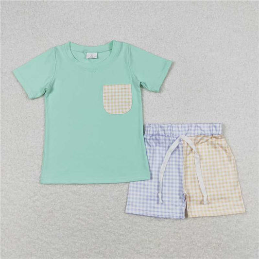 BSSO0680 Pocket blue-green short-sleeved blue-yellow plaid shorts suit