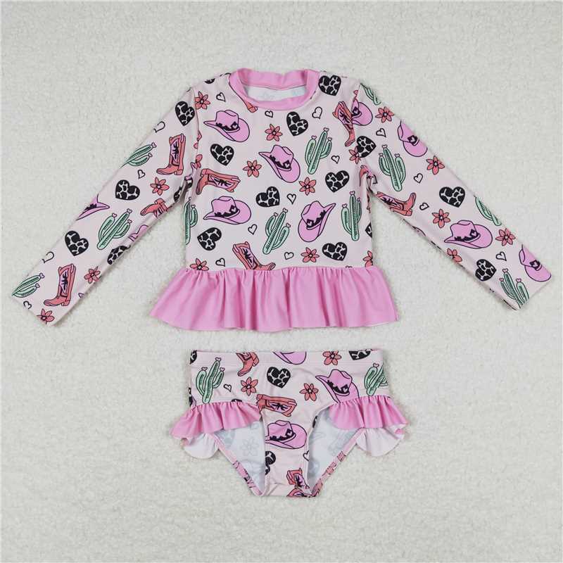 S0262 Cactus Love Flower Hat Boots Pink Lace Long Sleeve Swimsuit Suit