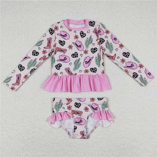 S0262 Cactus Love Flower Hat Boots Pink Lace Long Sleeve Swimsuit Suit