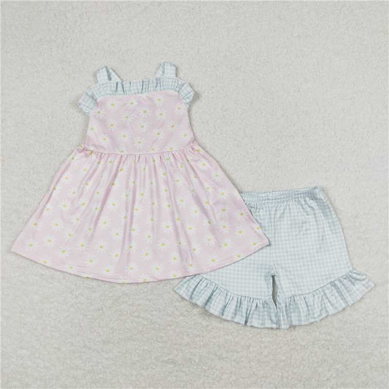 GSSO0724 Daisy flower plaid lace pink sleeveless shorts suit