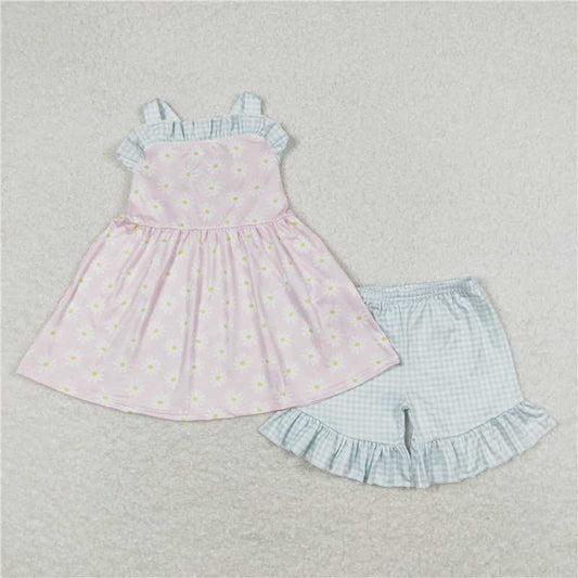 GSSO0724 Daisy flower plaid lace pink sleeveless shorts suit