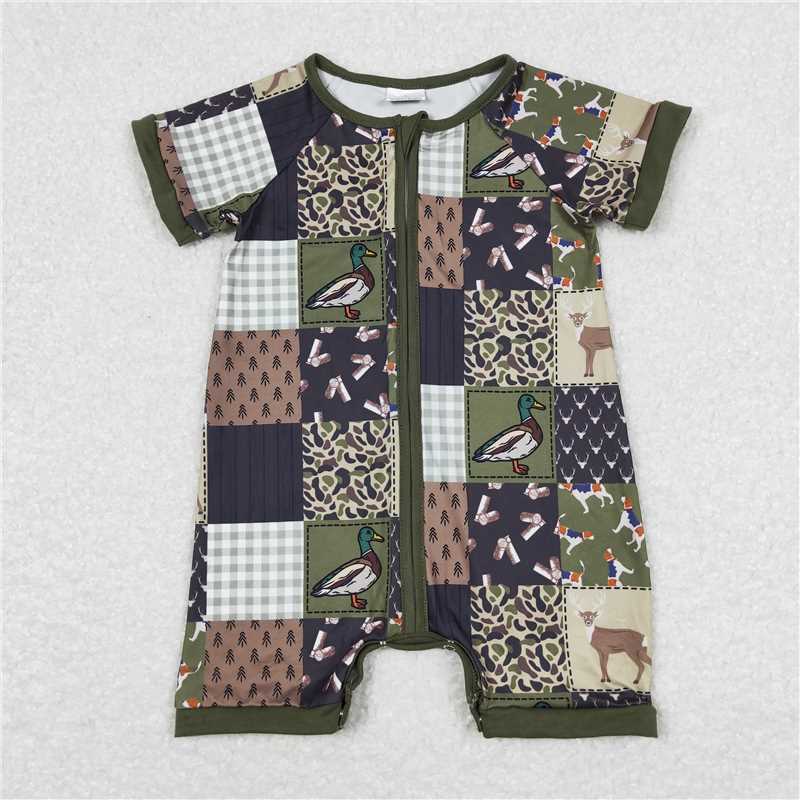 SR0902 Duck Camouflage Deer Plaid Military Green Zip Short Sleeve Jumpsuit