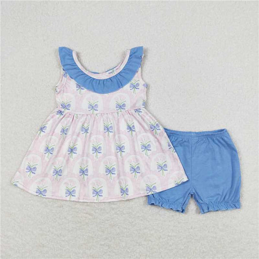 GSSO0723 Pink floral blue lace sleeveless shorts suit