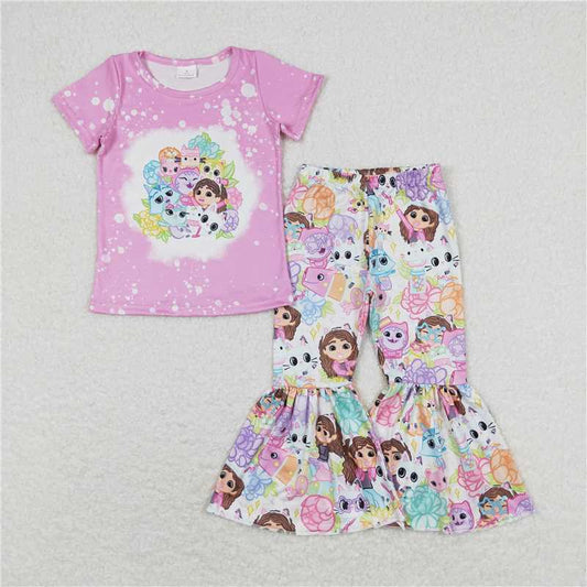 GSPO1372 gabby cartoon kitten rose pink short-sleeved trousers suit