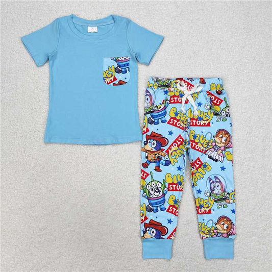 BSPO0375 bluey story pocket blue short-sleeved trousers suit