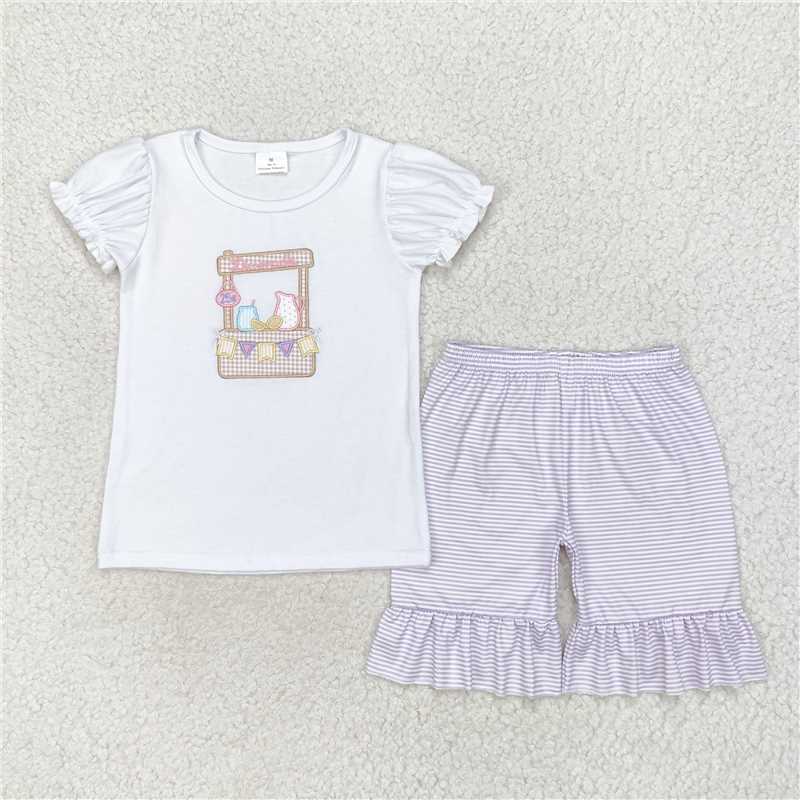 GSSO1240 Embroidery Lemon Water Small Flag White Short Sleeve Purple Striped Short Pants Set