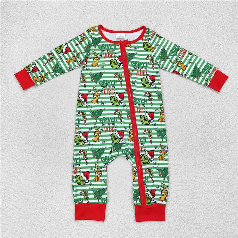 LR1055 Grinch puppy Christmas tree green striped zipper long sleeve onesie