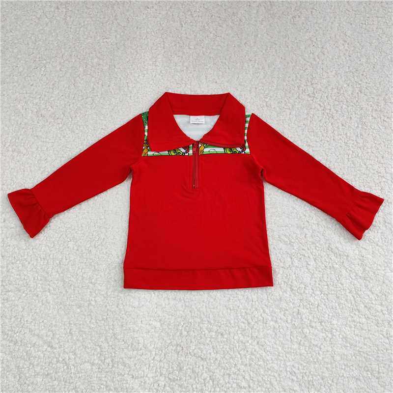 GT0611 Grinch puppy Christmas tree lace green stripes red zipper long sleeve top