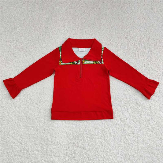 GT0611 Grinch puppy Christmas tree lace green stripes red zipper long sleeve top