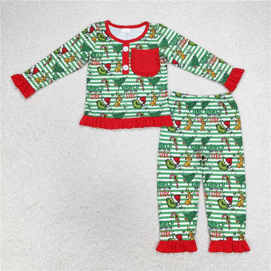 GLP1228 Grinch puppy Christmas tree red lace pocket green striped long sleeve long pants pajama set