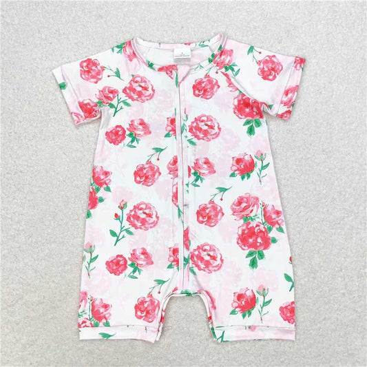 SR1768 Pink floral drawstring short sleeve jumpsuit