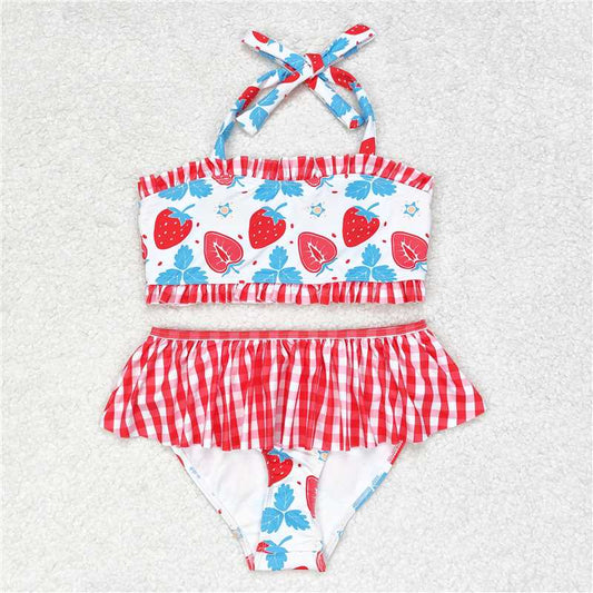 S0316 Strawberry red plaid lace swimsuit set