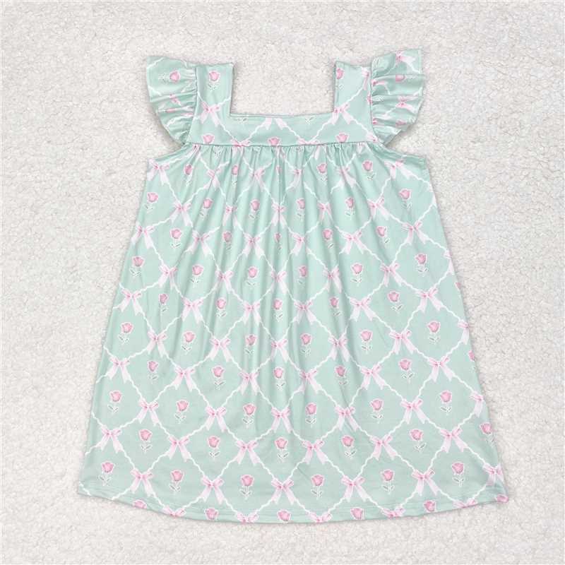 GSD1112 Flower bow green flying sleeve dress