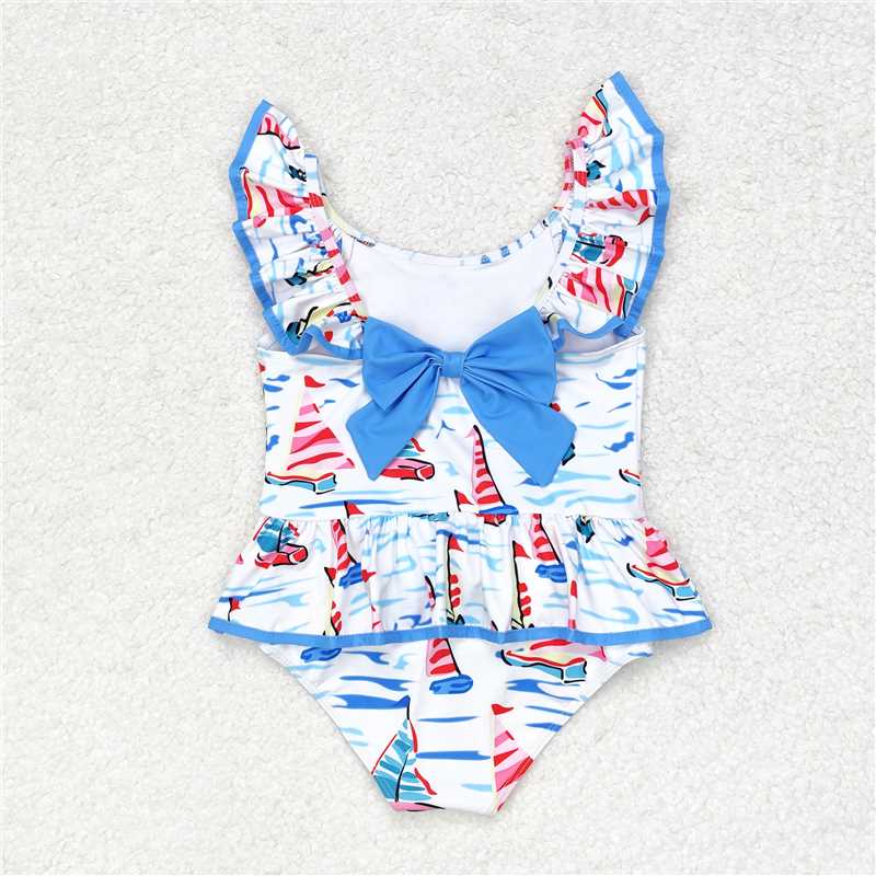 S0277 Sailboat blue bow white one-piece swimsuit