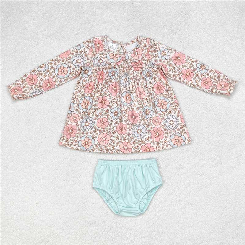 GBO0397 Beige long-sleeved blue-green briefs suit with flowery baby collar