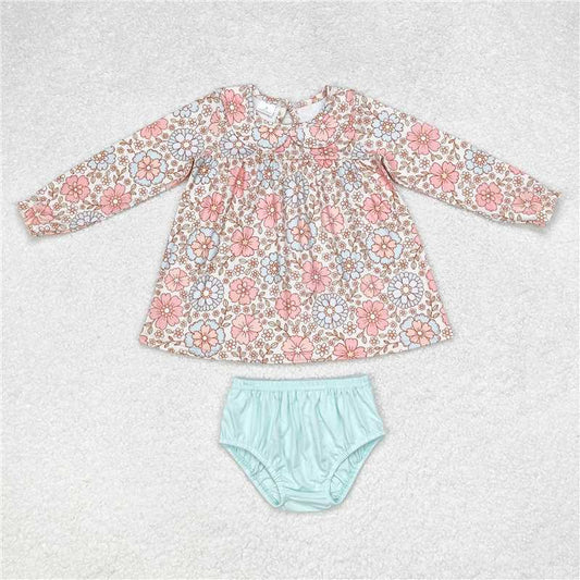 GBO0397 Beige long-sleeved blue-green briefs suit with flowery baby collar