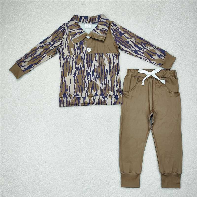 BLP0492 Military green camouflage button-down long sleeve brown trousers suit