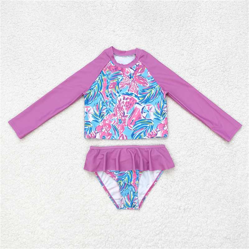 S0259 Flower pattern rose pink lace blue long-sleeved swimsuit set