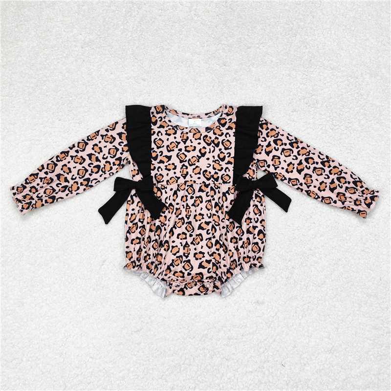 LR1071 Leopard print black bow long-sleeved jumpsuit