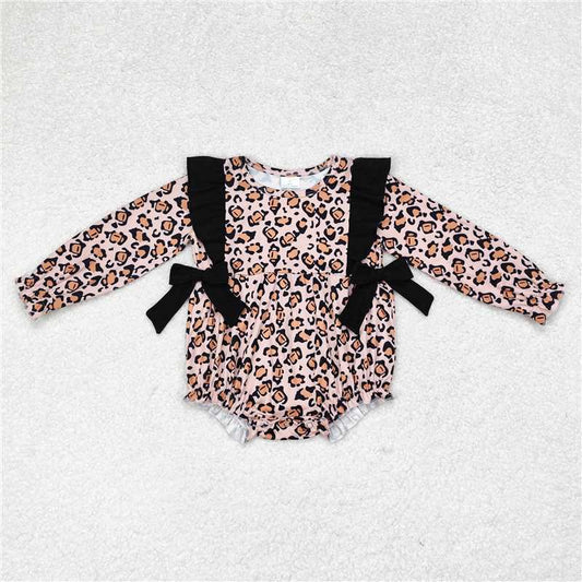 LR1071 Leopard print black bow long-sleeved jumpsuit