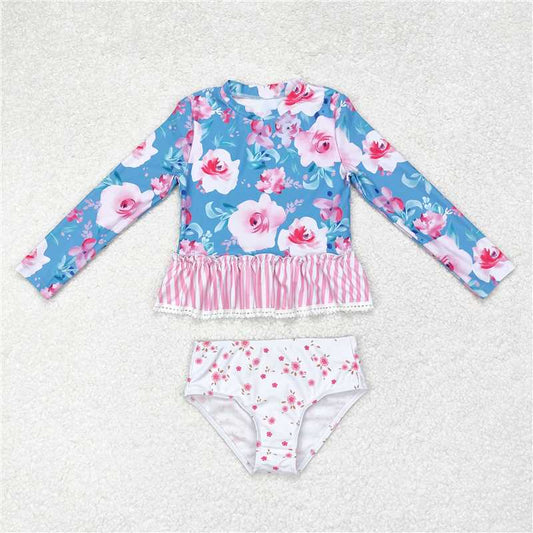 S0168 Flower pink and white striped lace blue and white long-sleeved swimsuit set