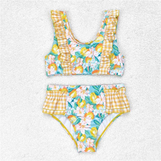 S0343 Flower orange and yellow plaid lace blue swimsuit set