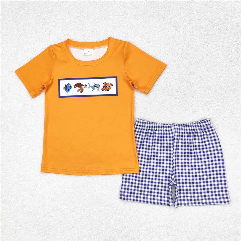 BSSO0964 Cartoon Finding Nemo fish orange short-sleeved plaid shorts suit