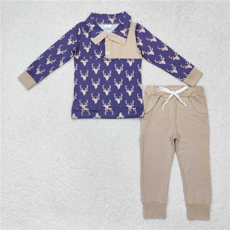 BLP0494 Deer horn navy blue button long sleeve beige trousers suit