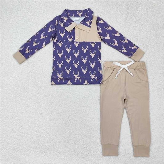 BLP0494 Deer horn navy blue button long sleeve beige trousers suit