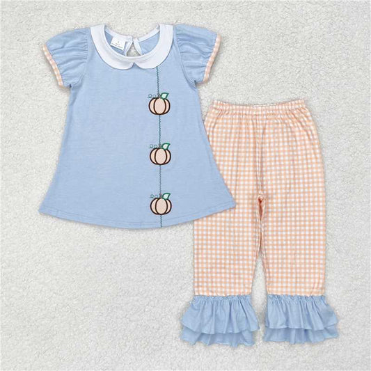 GSPO1534 Embroidered pumpkin doll collar blue short-sleeved orange plaid trousers suit