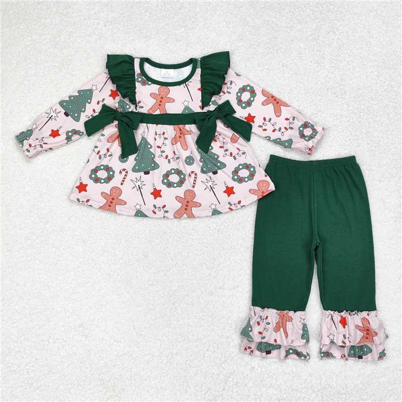 GLP1254 Christmas tree gingerbread man wreath green lace bow long sleeve trousers suit