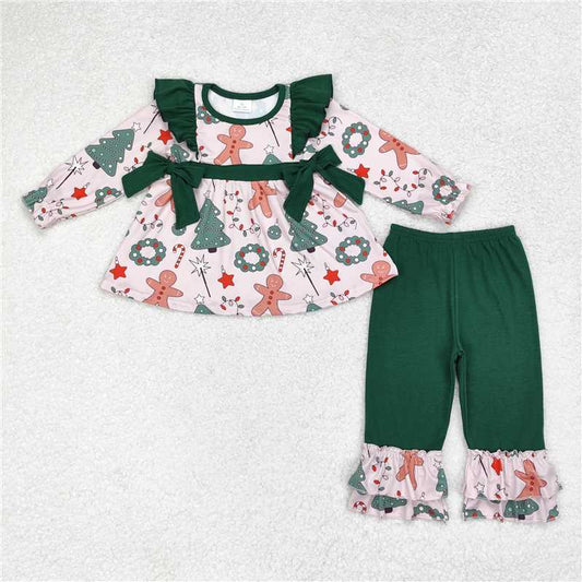 GLP1254 Christmas tree gingerbread man wreath green lace bow long sleeve trousers suit