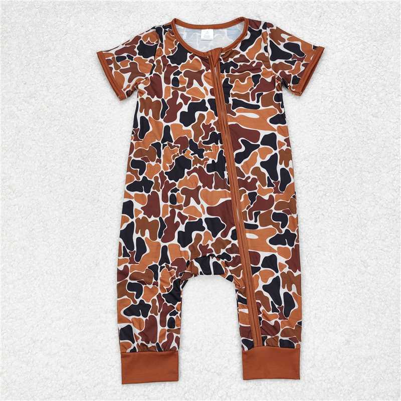 SR1895 Modal brown camouflage beige zipper short-sleeved jumpsuit