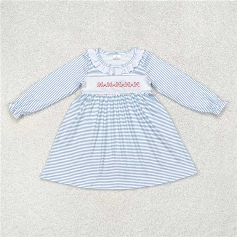 GLD0508 Embroidered bow pattern white lace blue striped long-sleeved dress