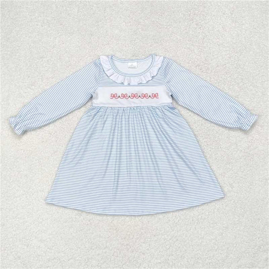 GLD0508 Embroidered bow pattern white lace blue striped long-sleeved dress